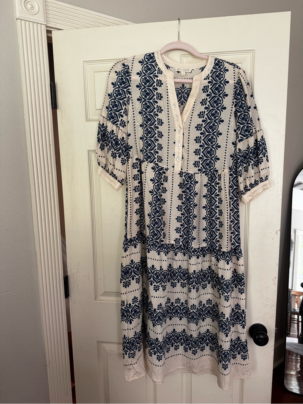 fig and flower Cream Midi Dress with Navy Floral Print